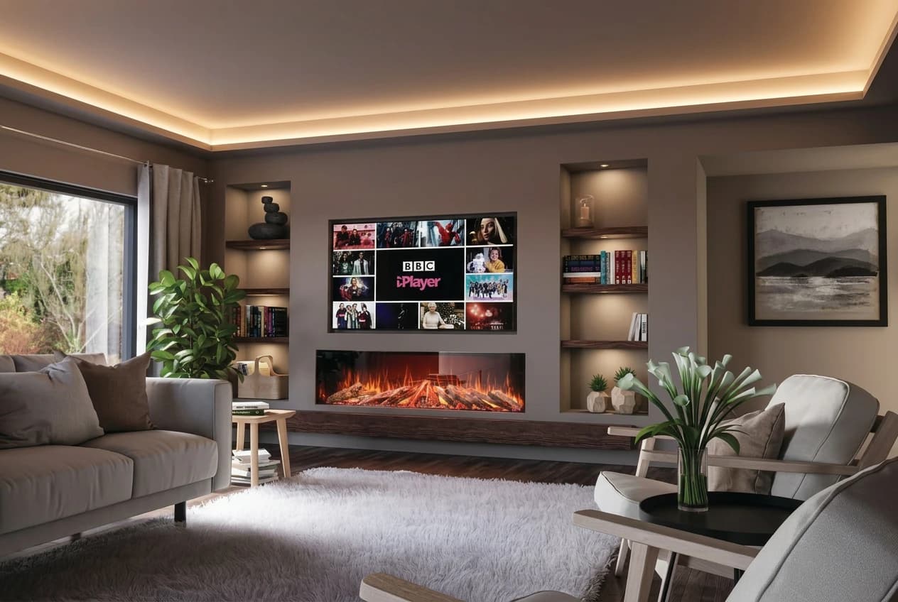Cinewall mit TV und Elektrokamin in einem modernen Wohnzimmer (Nachher)